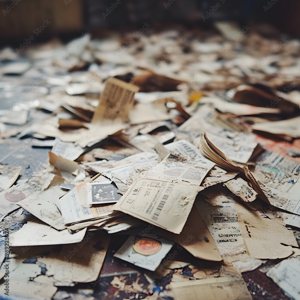 Naklejka premium Scattered Old Paper Documents and Receipts with Dust and Debris