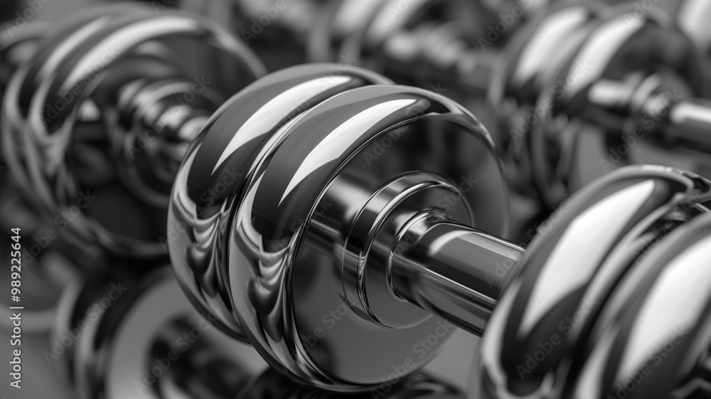 Realistic image of large steel chrome dumbbells, symbolizing strength, fitness, bodybuilding, and a sporty lifestyle in a modern gym Realistic image of large steel chrome dumbbells, symbolizing strength, fitness, bodybuilding, and a sporty lifestyle in a modern gym