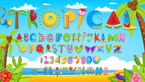 Cartoon summer font, tropical vacation typeface, beach party type, holiday alphabet letters and numbers, vector typography. Sea water wave, watermelon, palms, ice cream and summer beach cocktail font