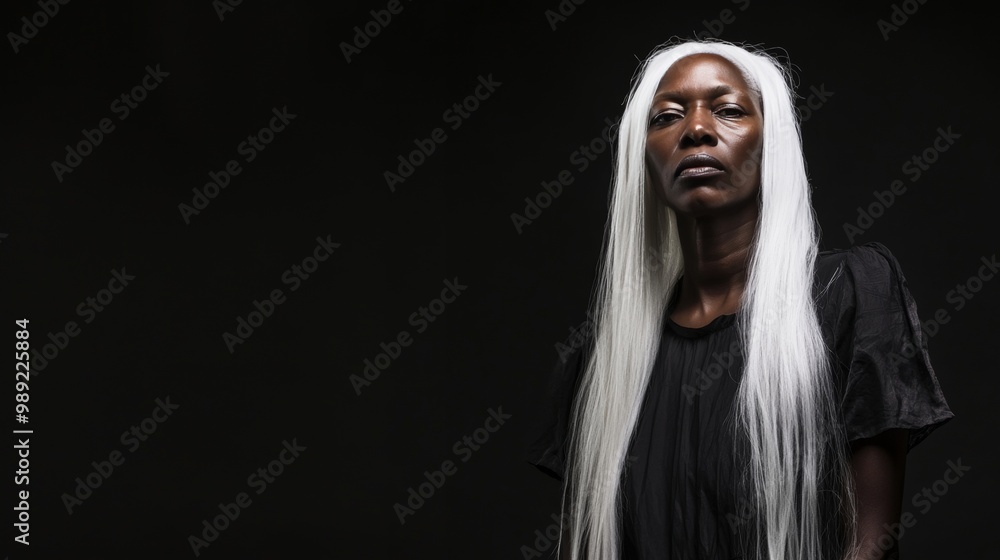 Elderly Woman with Long White Hair in Profile Pose Against Dark Background. Elegant Woman with Long White Hair Posing in Profile Against Dark Background  Generative AI