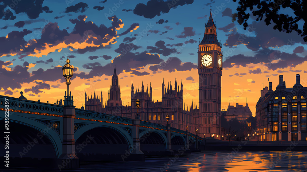 Fototapeta premium Majestic clock tower of imposing gothic revival architecture rises above ornate bridges and majestic houses of parliament along serene thames river sunset backdrop. Gothic Revival. Illustration