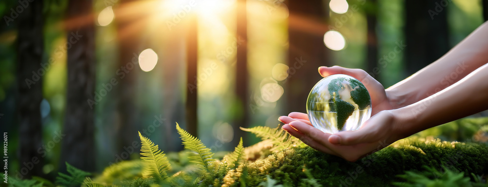 Hands holding a clear glass globe depicting the Earth, with sunlight filtering through the forest.