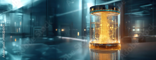 Obraz na płótnie Futuristic energy core glowing with golden light in a sleek, sci-fi laboratory filled with reflective glass surfaces and high-tech equipment. Quantum computer background. Panorama with copy space. w salonie