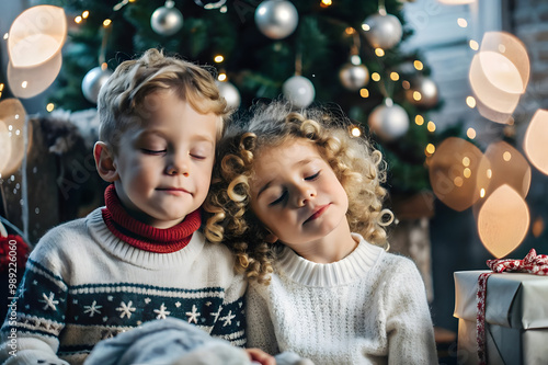 Photo portrait of siblings little boy and girl with closed eyes dreaming about gifts boy and girl smiling red wool sweater white sweater curly hair festive christmas background with blurred garland li