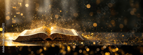 Obraz na płótnie An open Bible book with glowing dust particles surrounding it, creating a magical and spiritual atmosphere. w salonie