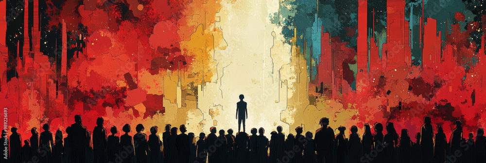 Fototapeta premium Silhouettes of people stand before a bright light, symbolizing hope and a new beginning.