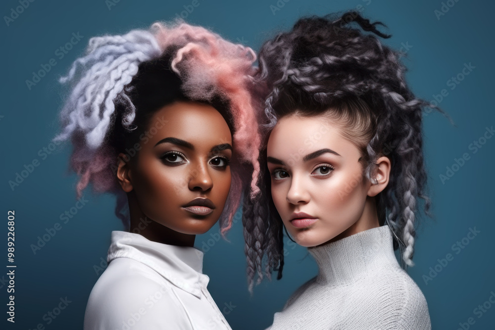 Multiethnic beauty portrait of two mixed race fashion women with creative hairstyles and makeup on blue background, different nation, multiracial friends concept Multiethnic beauty portrait of two mixed race fashion women with creative hairstyles and makeup on blue background, different nation, multiracial friends concept
