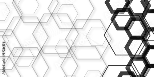 Multiple gray paper overlap on the gray background with silver color hexagon pattern on banner with line. Science Technologic Hexagonal Pattern abstract background with paper texture and futuristic