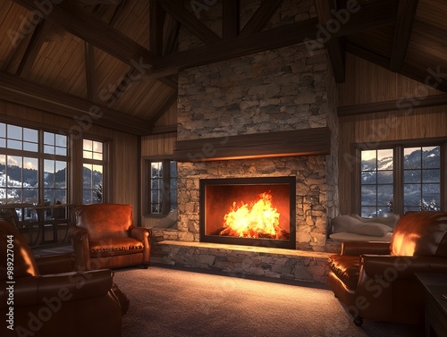 Wallpaper Mural Cozy rustic fireplace with stone hearth and wooden beams in a warm and inviting cabin interior with panoramic mountain landscape view through large windows Torontodigital.ca