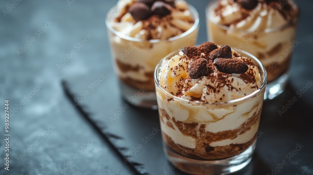 Tiramisu, served in glass. on slate surface. Italian tiramisu cake. studio lighting. Tiramisu, served in glass. on slate surface. Italian tiramisu cake. studio lighting.