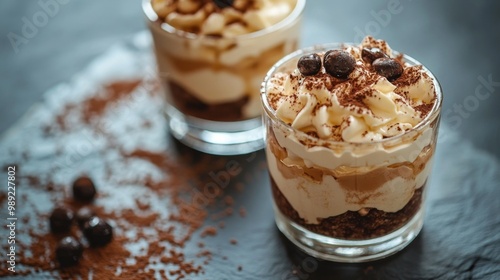 Tiramisu, served in glass. on slate surface. Italian tiramisu cake. studio lighting. 