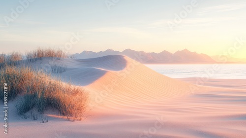 A scenic view of a sand dune at sunset with mountains in the distance.