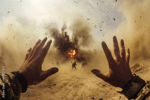 Soldiers react to an explosion during a military operation in a desert setting amidst rising dust clouds and debris in broad daylight