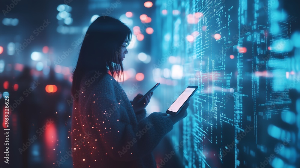 A person interacts with a digital tablet against a glowing data wall in an urban environment at night A person interacts with a digital tablet against a glowing data wall in an urban environment at night