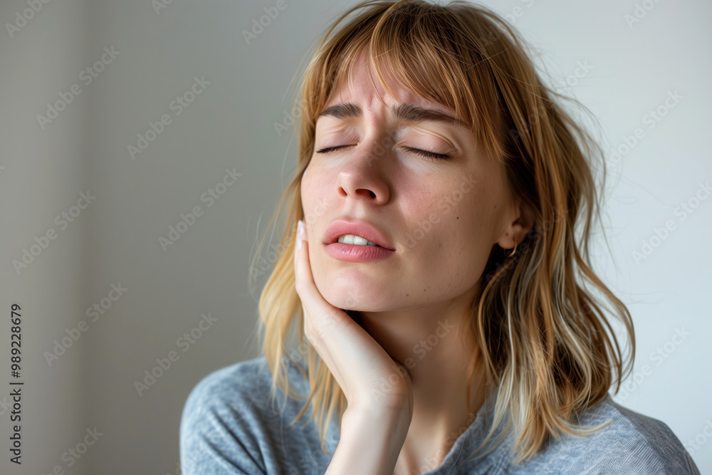 Woman with toothache, periodontal disease in wisdom teeth, gum inflammation, dental pain, health problems concept Woman with toothache, periodontal disease in wisdom teeth, gum inflammation, dental pain, health problems concept