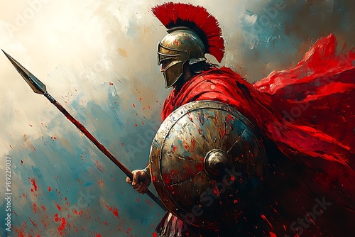 illustration of spartan king holding spear and shield with grunge background. Spartan soldier illustration with helmet and battlefield in background