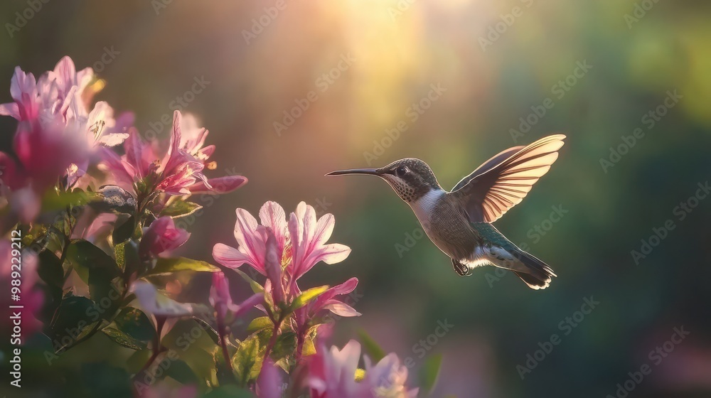 Fototapeta premium Hummingbird Feeding on Beautiful Flowers