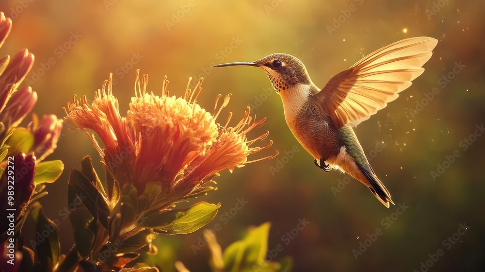 Naklejka premium Vibrant Hummingbird Visiting a Colorful Flower