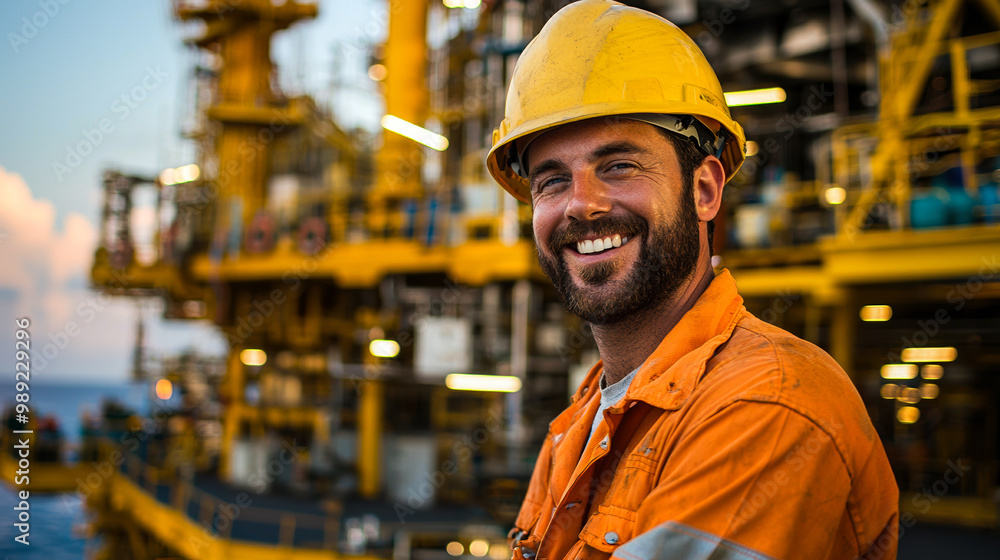 Smiling worker at oil rig site, orange outfit. Smiling worker at oil rig site, orange outfit.