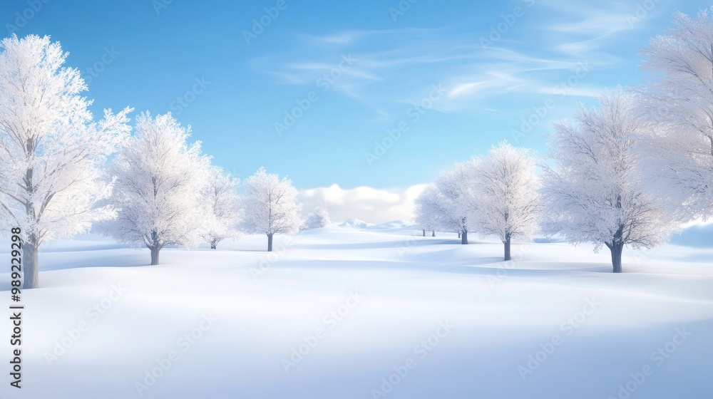 Fototapeta premium A peaceful white winter scene with thick, fluffy snow covering the ground, trees, and sky, creating a soft and tranquil atmosphere.