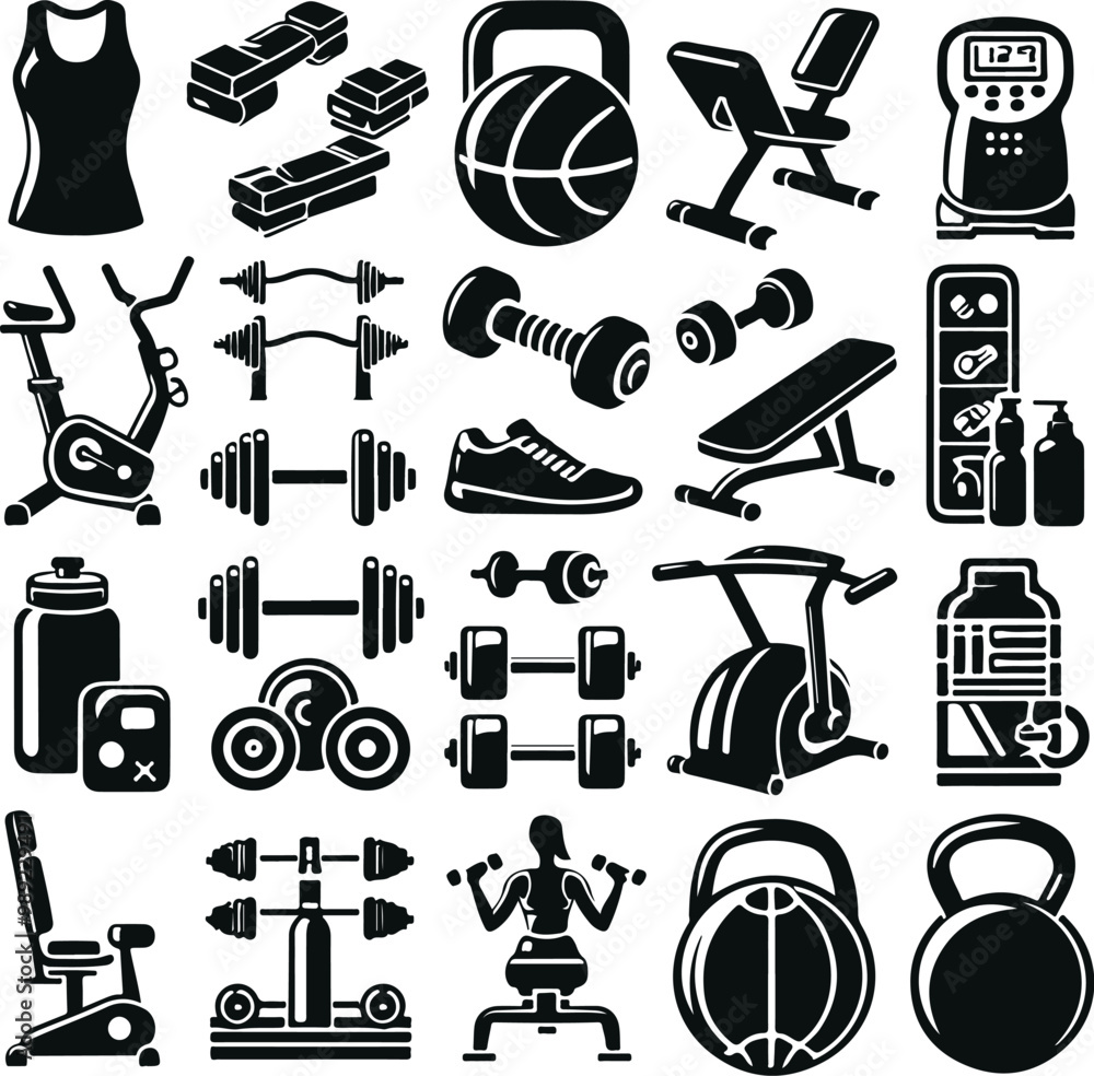 Obraz premium Fitness Element Icon Set Vector Illustration Design Silhouette Style On Solid White Background