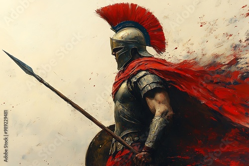 illustration of spartan king holding spear and shield with grunge background. Spartan soldier illustration with helmet and battlefield in background