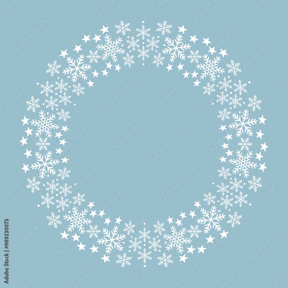 Fototapeta premium Round frame made of snowflakes isolated on a pastel blue background. White snowflakes and small stars. Vector illustration, design element.