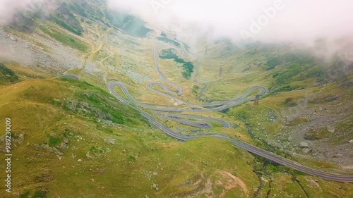 Drone footage of Transfagarasan road in Romania with clouds