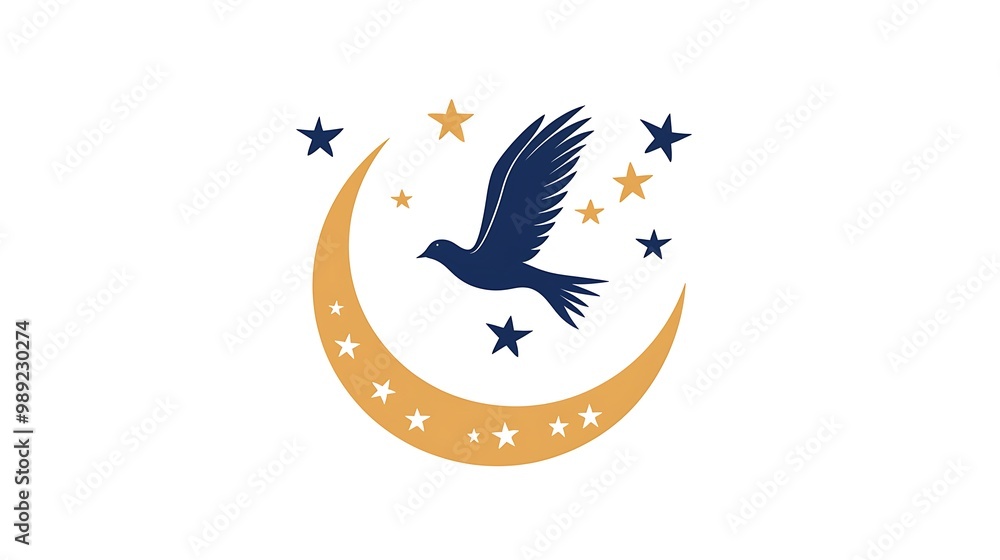 Fototapeta premium Majestic Bird Logo Design with Crescent Moon and Stars - Vector Illustration on White Background