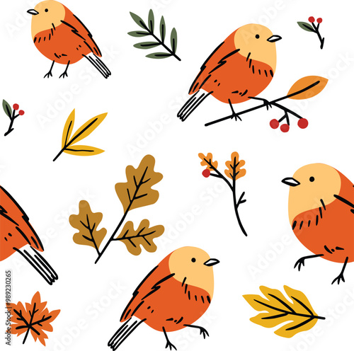 Chirping birds among fall foliage autumn seamless pattern