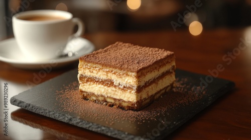 Tiramisu, served on slate plate. Italian tiramisu cake. studio lighting. 