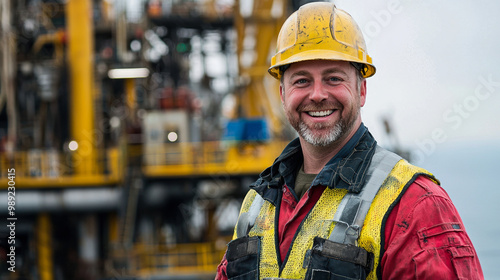 Smiling worker in safety gear, industrial backdrop