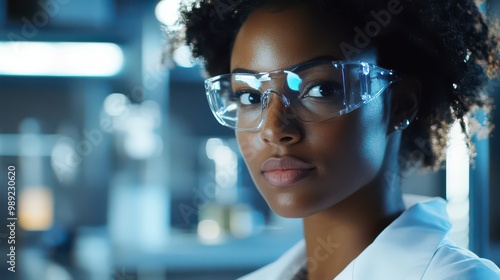 Young Woman in Laboratory Wearing Protective Eyewear