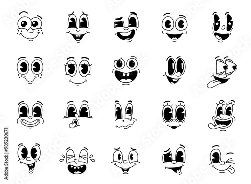 Cartoon comic groovy face, eye emoji and retro cute emotion characters vector set. Funny exaggerated facial expressions of joy, surprise, confusion and mischief with bold lines and monochrome colors