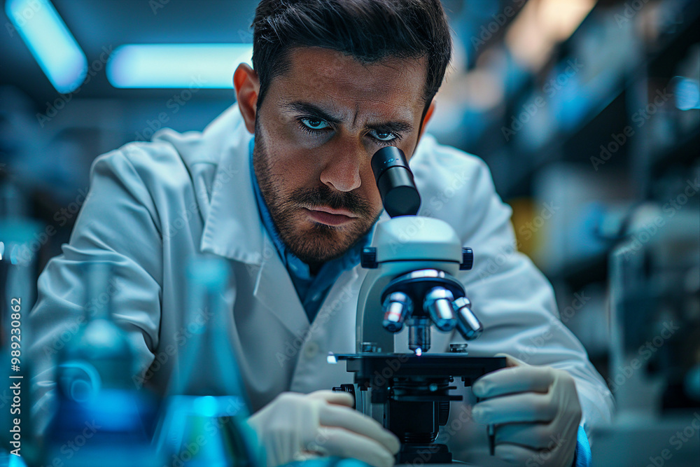 Male scientist working on study in laboratory for medical research analysis made with generative ai