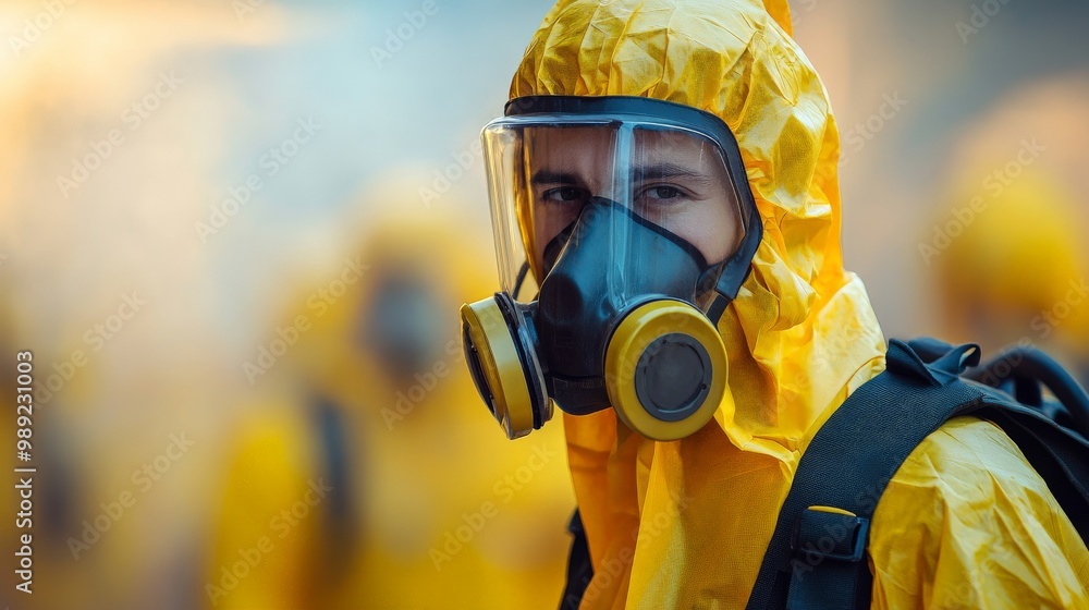 Naklejka premium Pest control worker in protective gear fumigating to eliminate pests.