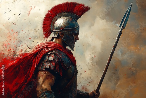 illustration of spartan king holding spear and shield with grunge background. Spartan soldier illustration with helmet and battlefield in background