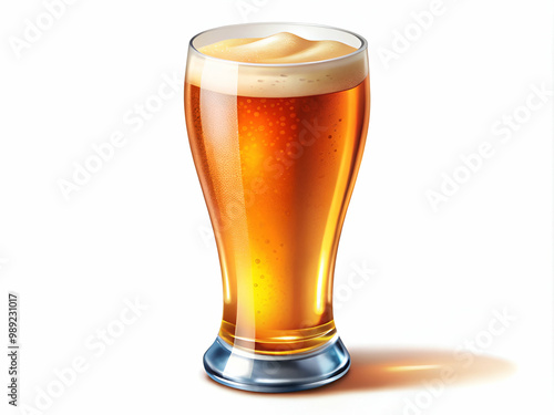 A glass of beer is sitting on a white background. The glass is half full and the beer is foamy