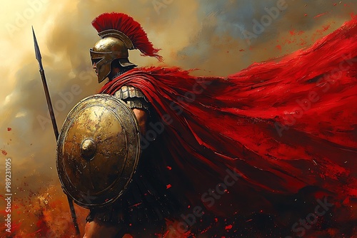 illustration of spartan king holding spear and shield with grunge background. Spartan soldier illustration with helmet and battlefield in background