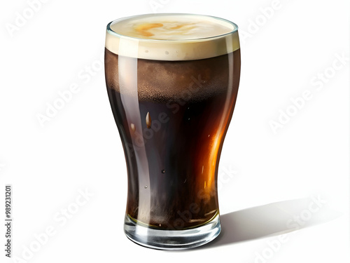 A glass of dark beer is sitting on a white background. The glass is half full and the beer is foamy. Concept of relaxation and enjoyment, as the beer is a popular beverage for unwinding