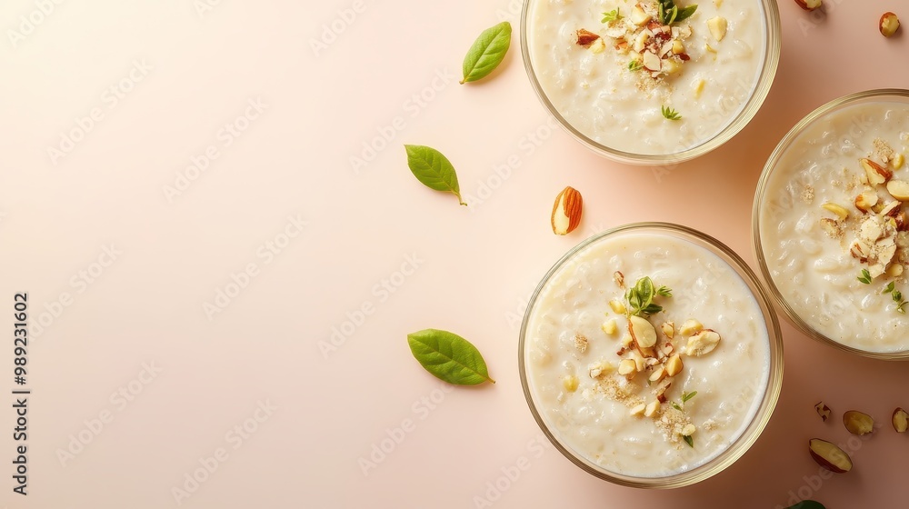 Three bowls of creamy dessert topped with nuts and leaves on a soft background. Three bowls of creamy dessert topped with nuts and leaves on a soft background.