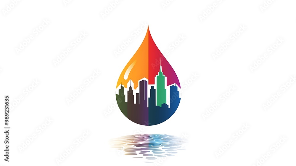 Obraz premium Urban Raindrop Logo Design with City Skyline on White Background - Vector Illustration in Minimalist Style