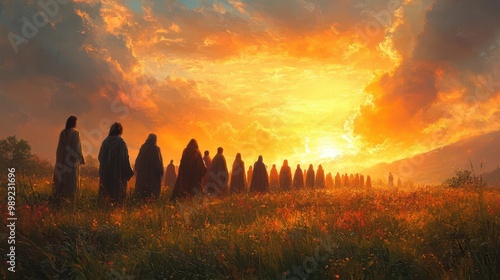 serene field scene with diverse group praying ethereal light bathes worshippers symbolizing spiritual connection artistic rendering blends realism and abstraction emphasizing faith and unity