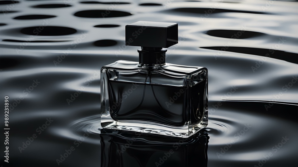 A glass perfume bottle reflecting on a glossy, black water surface with ripples A glass perfume bottle reflecting on a glossy, black water surface with ripples