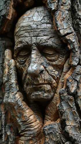 Carved Tree Face: A Nature Sculpture of Time and Wisdom