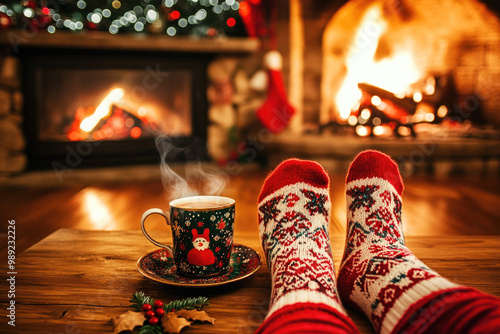 Wallpaper Mural Woman legs with cozy Christmas socks and mug of hot drink in front of the fireplace. Christmas time and cold winter night, home interior.  Torontodigital.ca