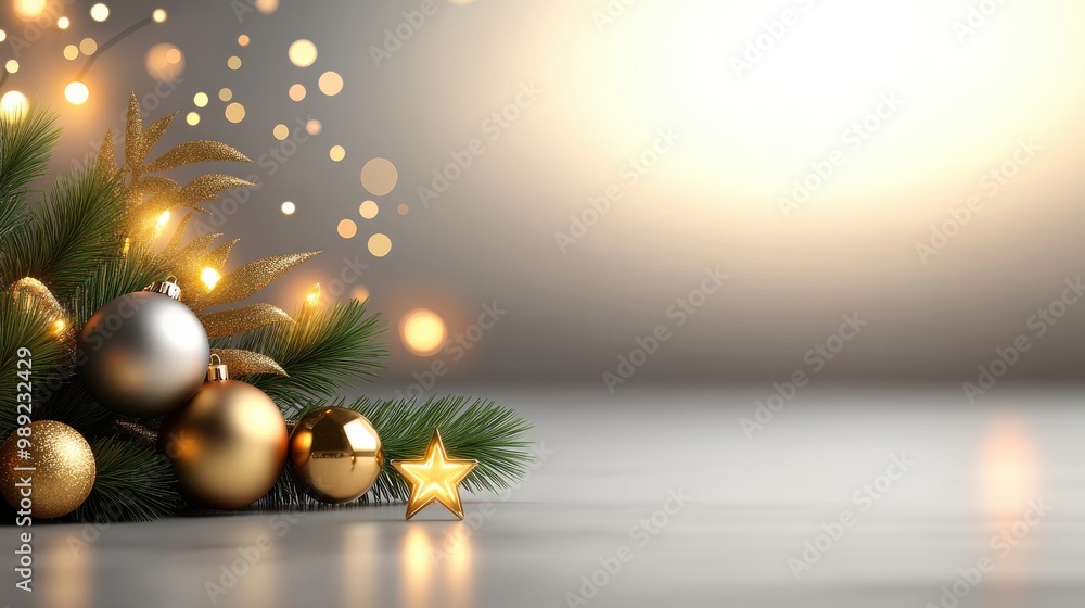 Fototapeta premium A warm Christmas scene with green pine branches, gold stars, and golden baubles, all glowing under the soft light of twinkling Christmas lights.