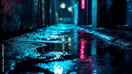 Electric Blue Neon Lights in Dark Urban Alley with Grunge Textures and Water Dripping - Urban Night Scene Exploration photo