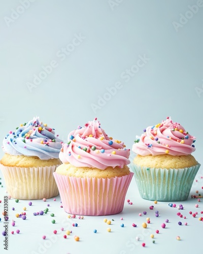 Three colorful cupcakes with swirled frosting and sprinkles on a light background.