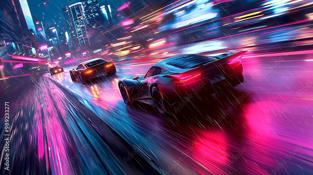 Neon-Infused High-Speed Pursuit: Futuristic Car Chase on Rain-Soaked Streets Neon-Infused High-Speed Pursuit: Futuristic Car Chase on Rain-Soaked Streets